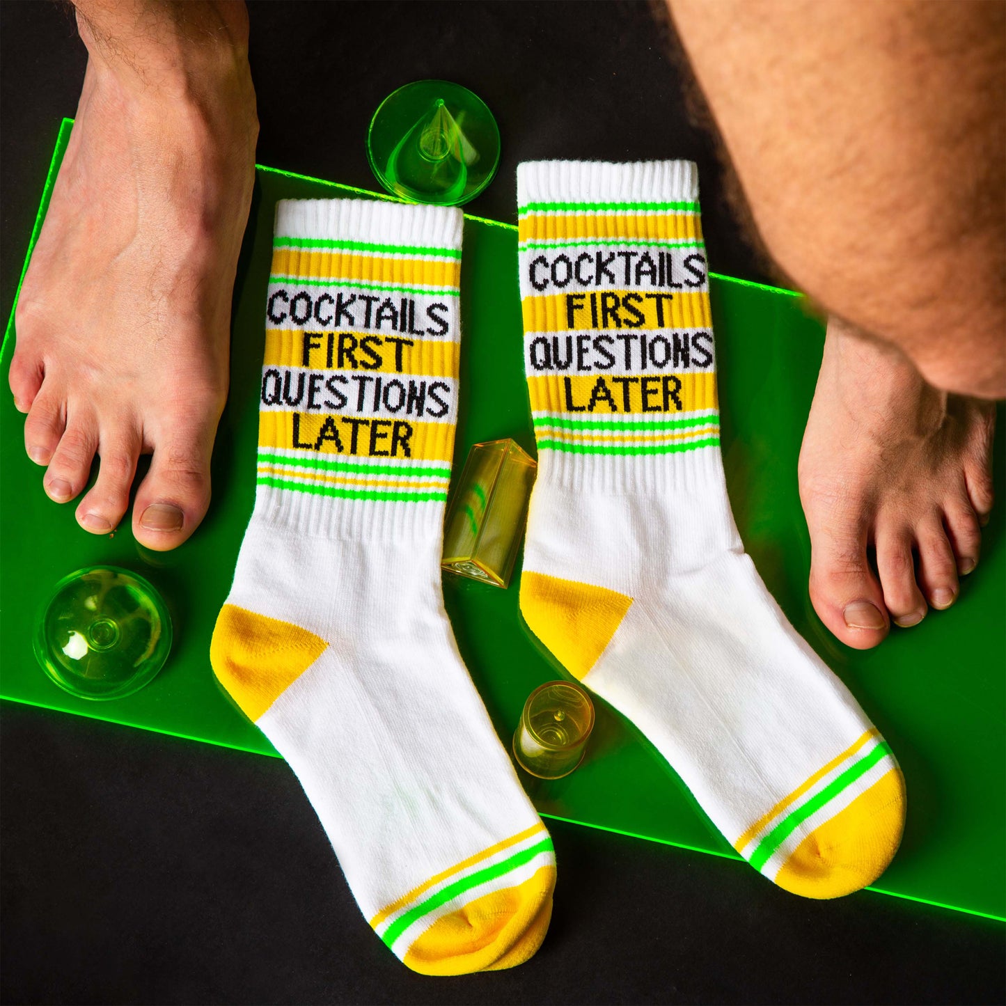 COCKTAILS FIRST QUESTIONS LATER, Unisex Gym Crew Socks (Made in the USA)