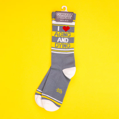 I Love AGING AND DYING, Unisex Gym Crew Socks (Made in the USA)