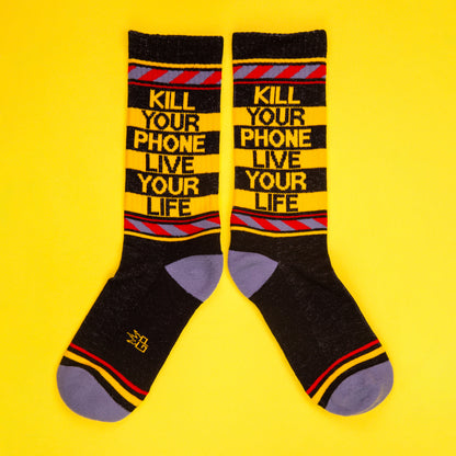 KILL YOUR PHONE LIVE YOUR LIFE, Unisex Gym Crew Socks (Made in the USA)