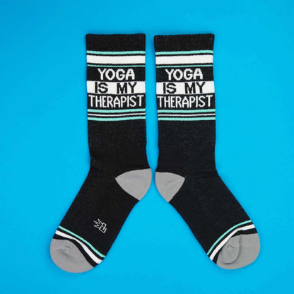 Yoga Is My Therapist, Novelty Gift Socks For Men, Women and Teens, Unisex Gym Crew Socks ( Made in the USA )