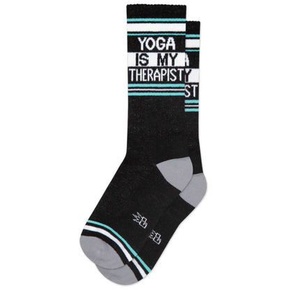 Yoga Is My Therapist, Novelty Gift Socks For Men, Women and Teens, Unisex Gym Crew Socks ( Made in the USA )