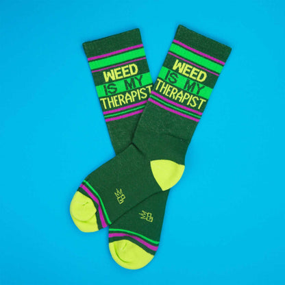 Weed Is My Therapist, Novelty Gift Socks For Men, Women and Teens, Unisex Gym Crew Socks ( Made in the USA )