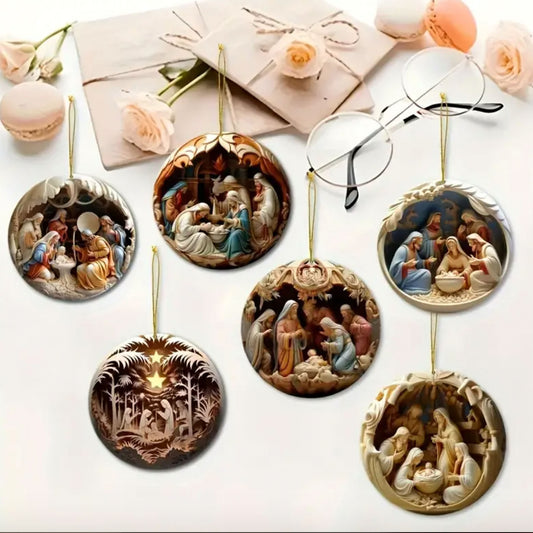 6 Pcs Vintage Birth of Jesus, Fruilibee Handcrafted 2D Christmas Ornaments Decor