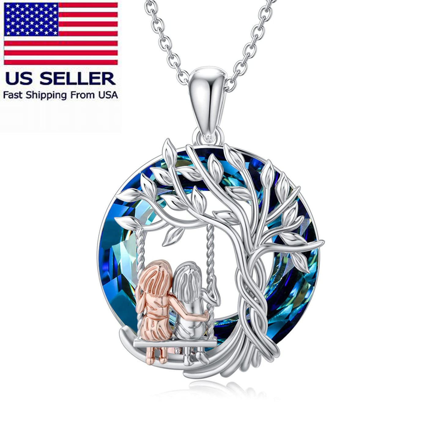 Tree of Life Always My Sister Forever My Friend Necklace with Blue Crystal Friendship, Birthday Jewelry Gifts for Women, Mom, Girls and Best Friend, Anniversary Valentines Day Gifts