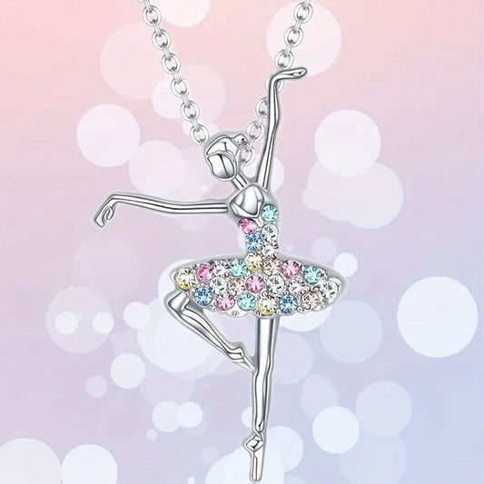 Ballerina Ballet Dancer Multicolor Rhinestone Crystal Pendant Necklace, Gifts for Women, Mom and Girls