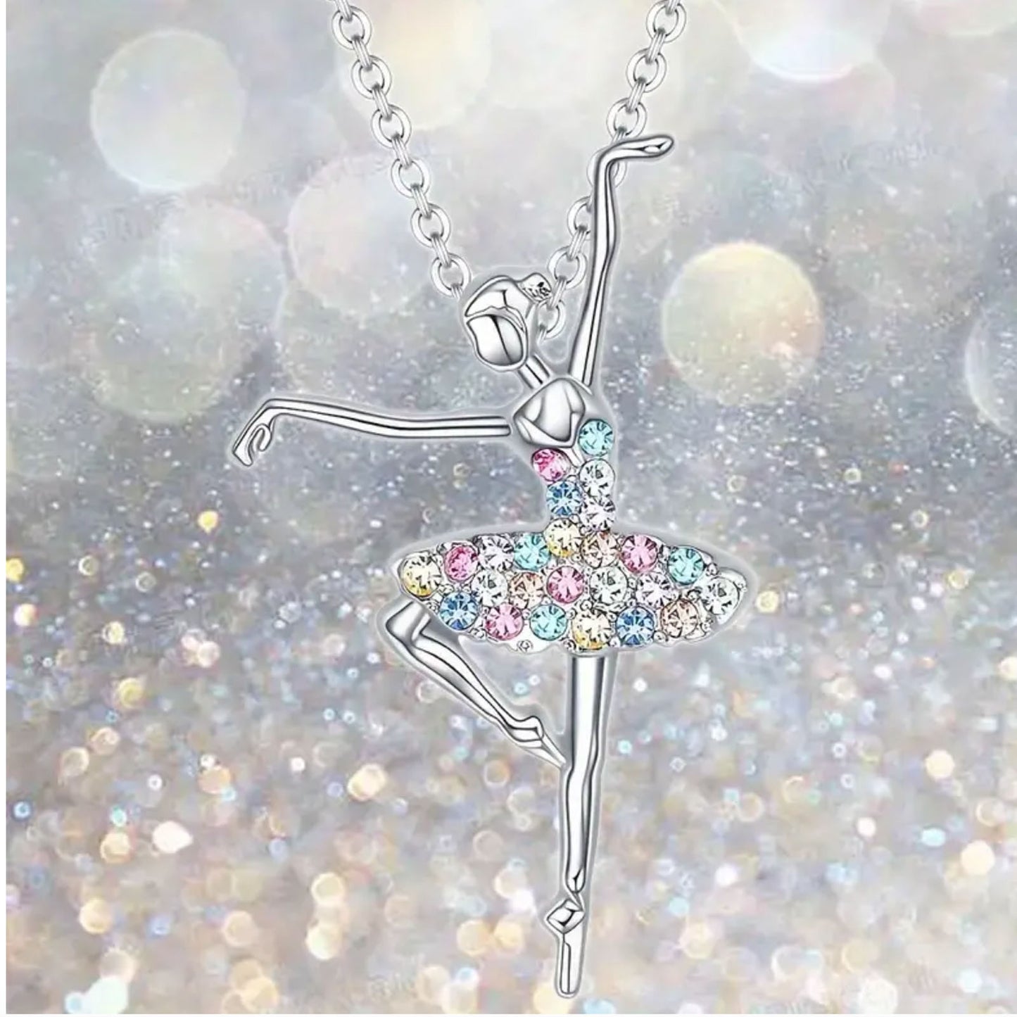 Ballerina Ballet Dancer Multicolor Rhinestone Crystal Pendant Necklace, Gifts for Women, Mom and Girls