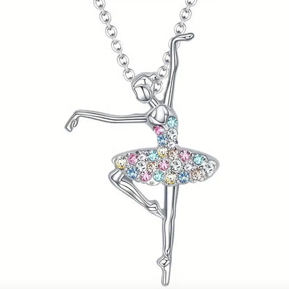 Ballerina Ballet Dancer Multicolor Rhinestone Crystal Pendant Necklace, Gifts for Women, Mom and Girls