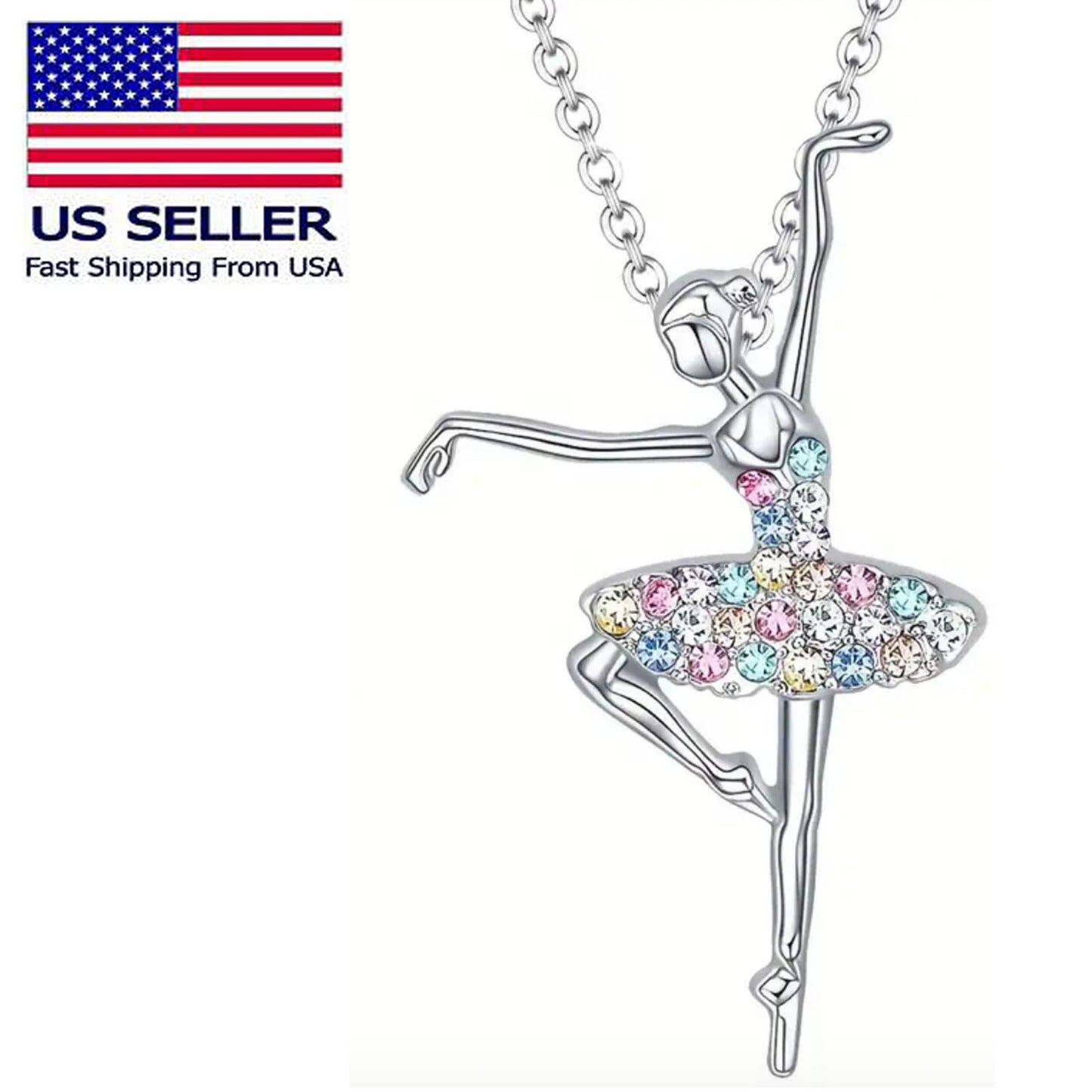 Ballerina Ballet Dancer Multicolor Rhinestone Crystal Pendant Necklace, Gifts for Women, Mom and Girls