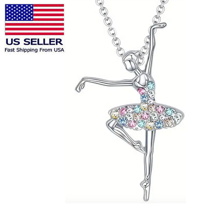 Ballerina Ballet Dancer Multicolor Rhinestone Crystal Pendant Necklace, Gifts for Women, Mom and Girls