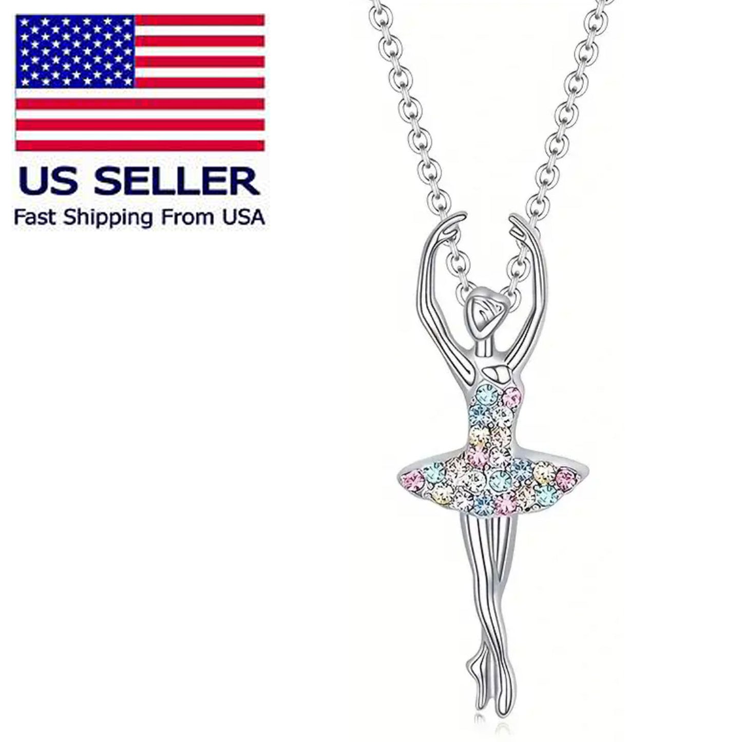 Ballerina Ballet Dancer Multicolor Rhinestone Crystal Pendant Necklace, Gifts for Women, Mom and Girls