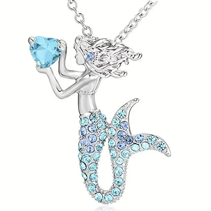 The Little Blue Mermaid Rhinestone Crystal Pendant Necklace, Birthday Jewelry Gifts for Women, Mom, Girls and Best Friend, Anniversary Valentines Day, Holiday Gifts