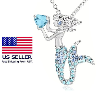 The Little Blue Mermaid Rhinestone Crystal Pendant Necklace, Birthday Jewelry Gifts for Women, Mom, Girls and Best Friend, Anniversary Valentines Day, Holiday Gifts