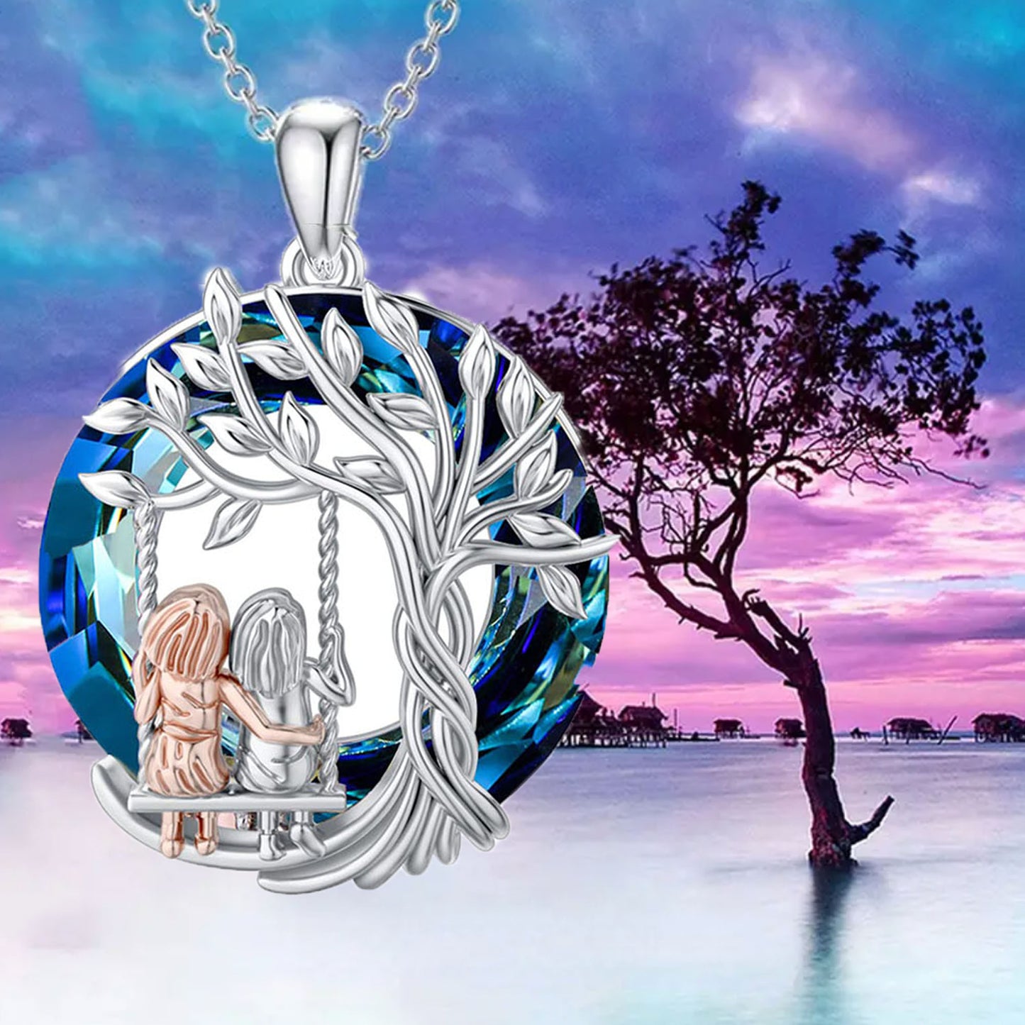 Tree of Life Always My Sister Forever My Friend Necklace with Blue Crystal Friendship, Birthday Jewelry Gifts for Women, Mom, Girls and Best Friend, Anniversary Valentines Day Gifts